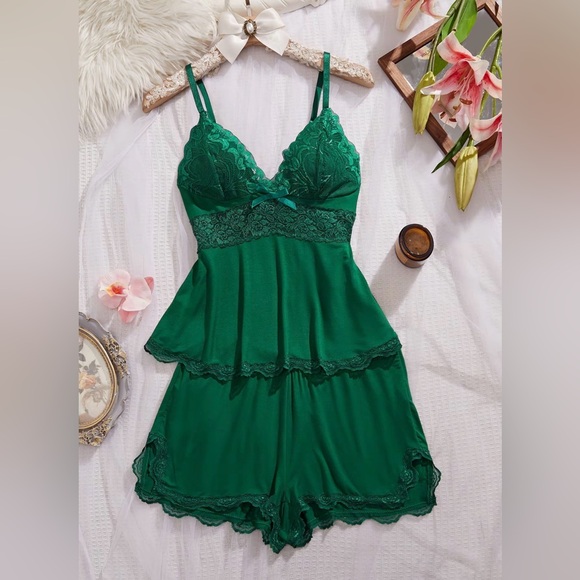 Elegant Forest Green Lace Sleepwear Set Comfy Stretchy Chic Cute New - Picture 5 of 6